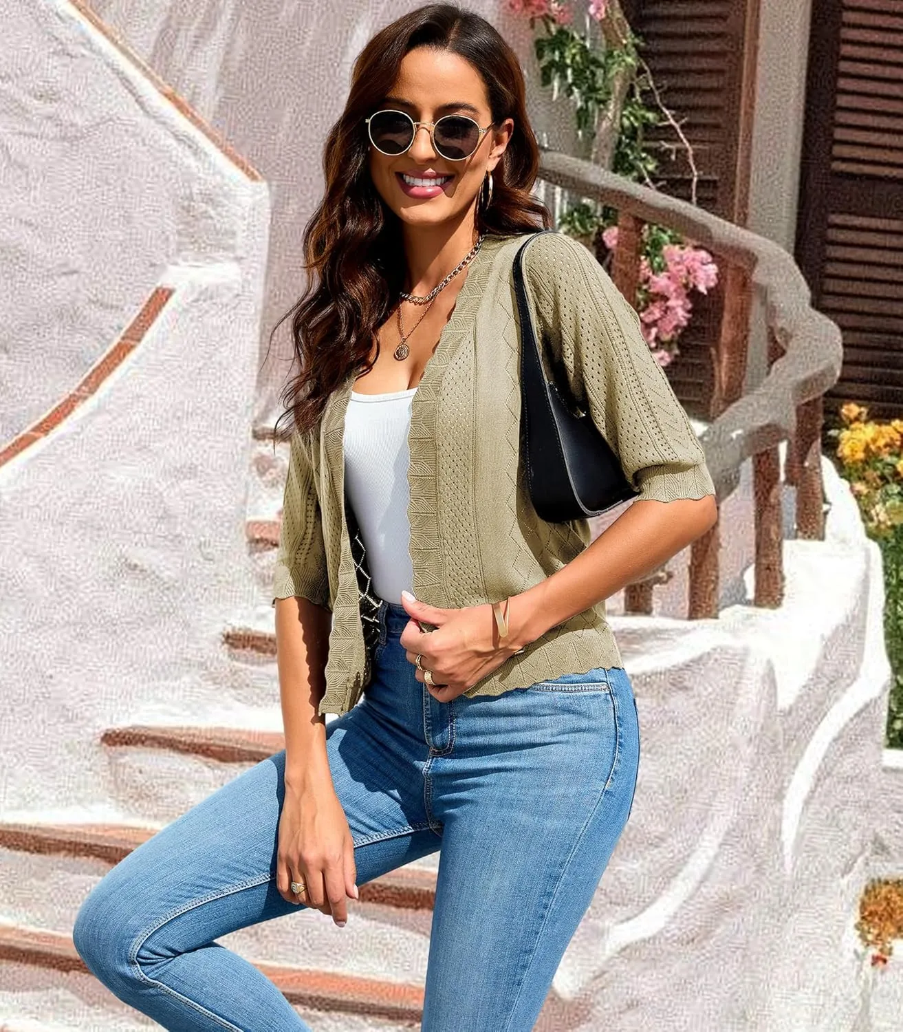 2024 Cropped Cardigans for Women 3/4 Sleeve V Neck Knit Sweaters Short Sleeve Open Front Bolero Shrug