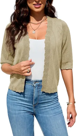 2024 Cropped Cardigans for Women 3/4 Sleeve V Neck Knit Sweaters Short Sleeve Open Front Bolero Shrug
