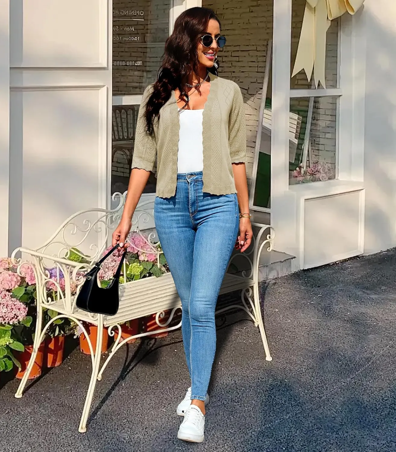 2024 Cropped Cardigans for Women 3/4 Sleeve V Neck Knit Sweaters Short Sleeve Open Front Bolero Shrug