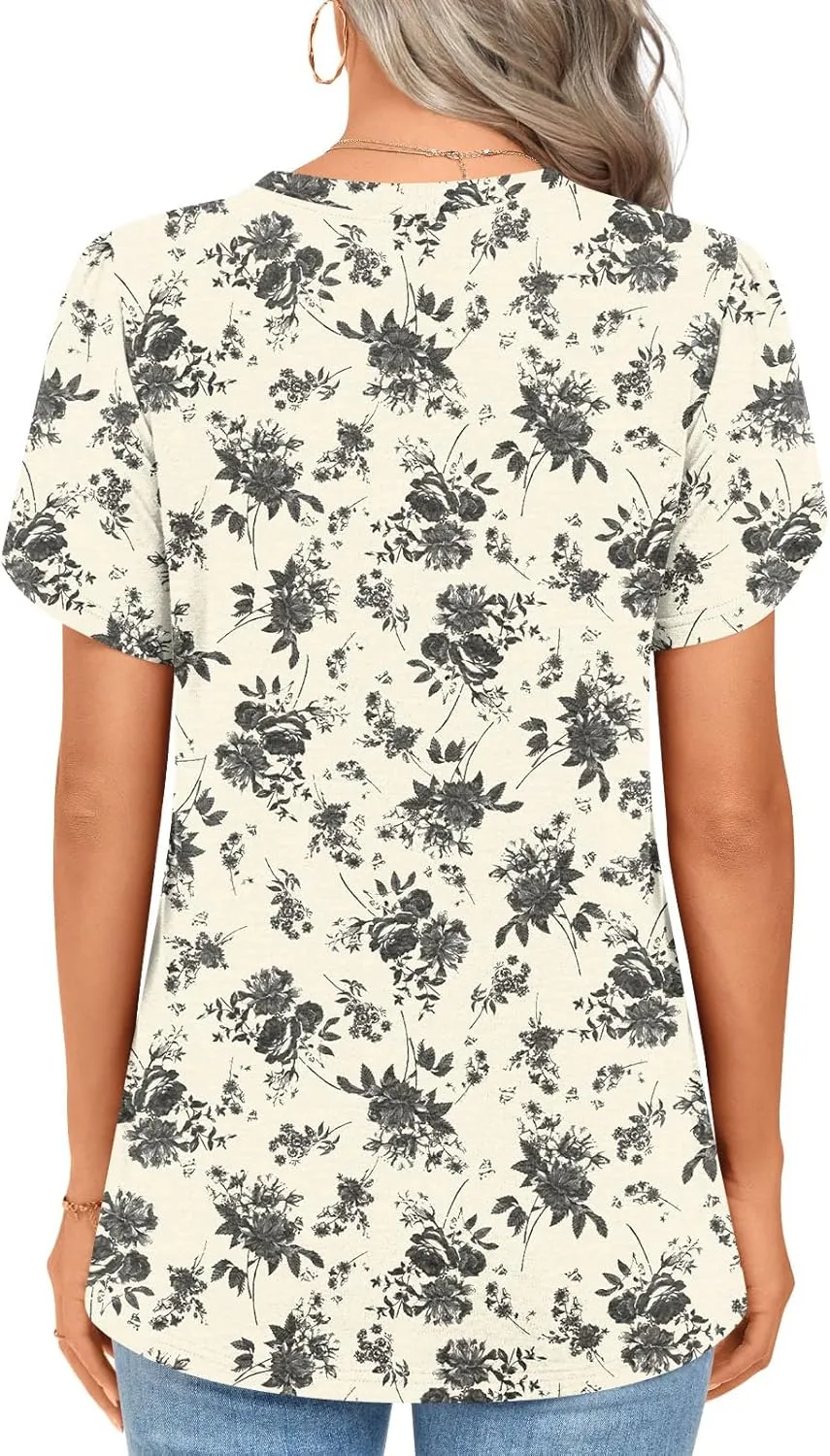2025 Womens Tops Summer Casual Tunic Short Sleeve Dressy Blouses Trendy Flowy Tshirts M-3XL