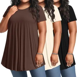 3 Pack Women's Plus Size Tunic Top Short Sleeve Cotton Long Shirts Summer Loose Fit Flowy Blouse Wear with Leggings