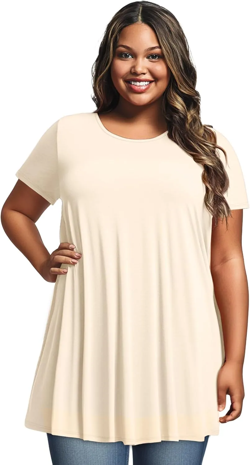 3 Pack Women's Plus Size Tunic Top Short Sleeve Cotton Long Shirts Summer Loose Fit Flowy Blouse Wear with Leggings