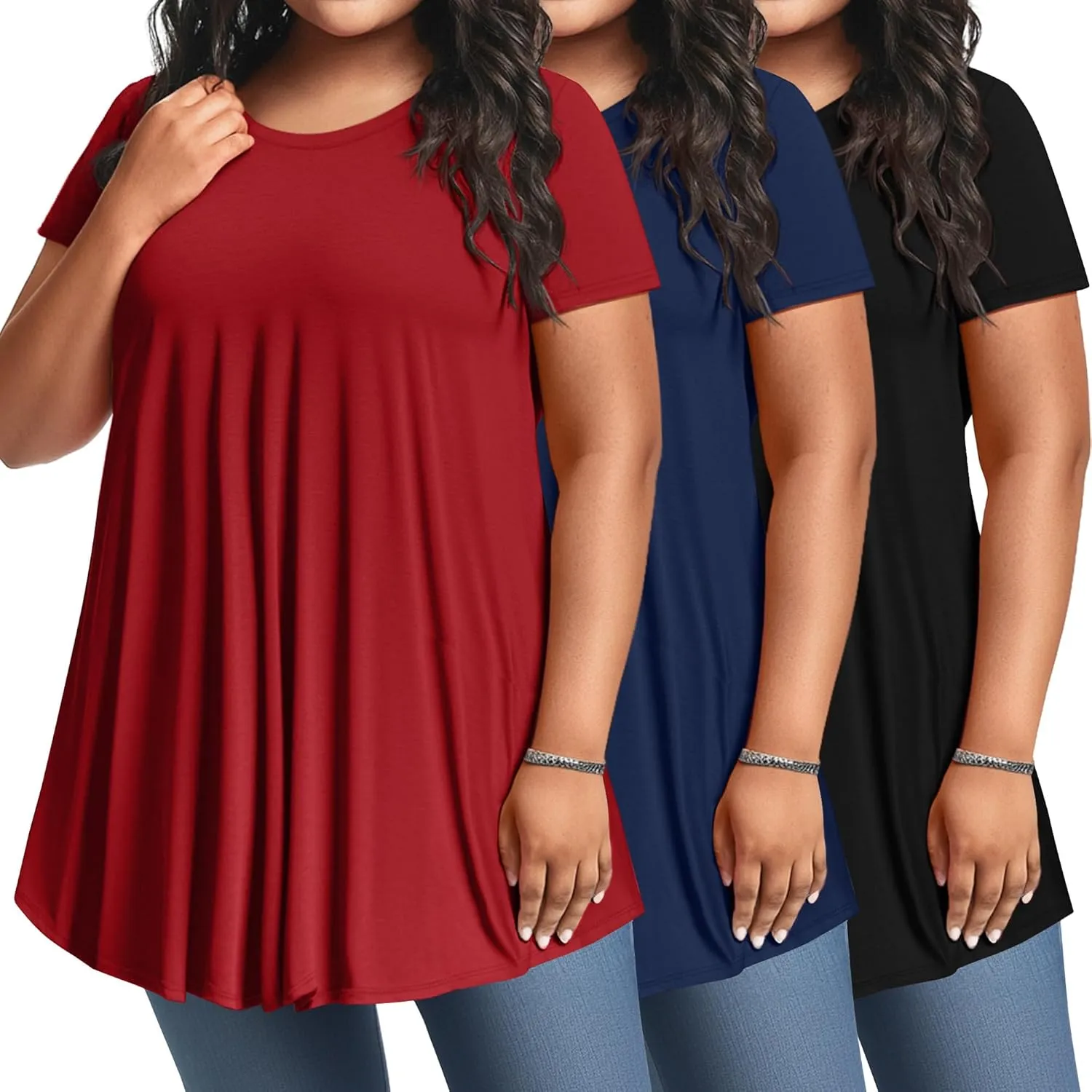 3 Pack Women's Plus Size Tunic Top Short Sleeve Cotton Long Shirts Summer Loose Fit Flowy Blouse Wear with Leggings