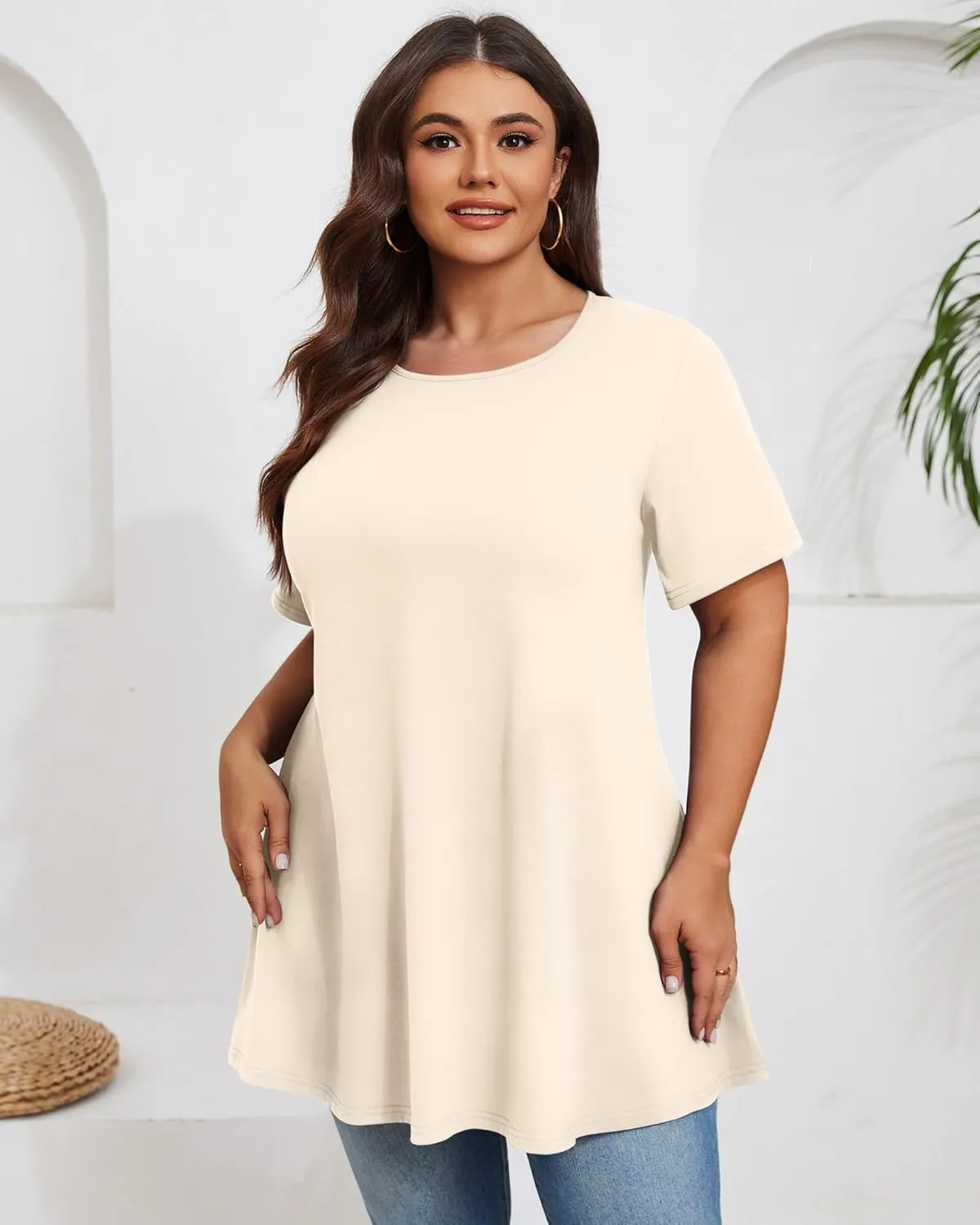 3 Pack Women's Plus Size Tunic Top Short Sleeve Cotton Long Shirts Summer Loose Fit Flowy Blouse Wear with Leggings