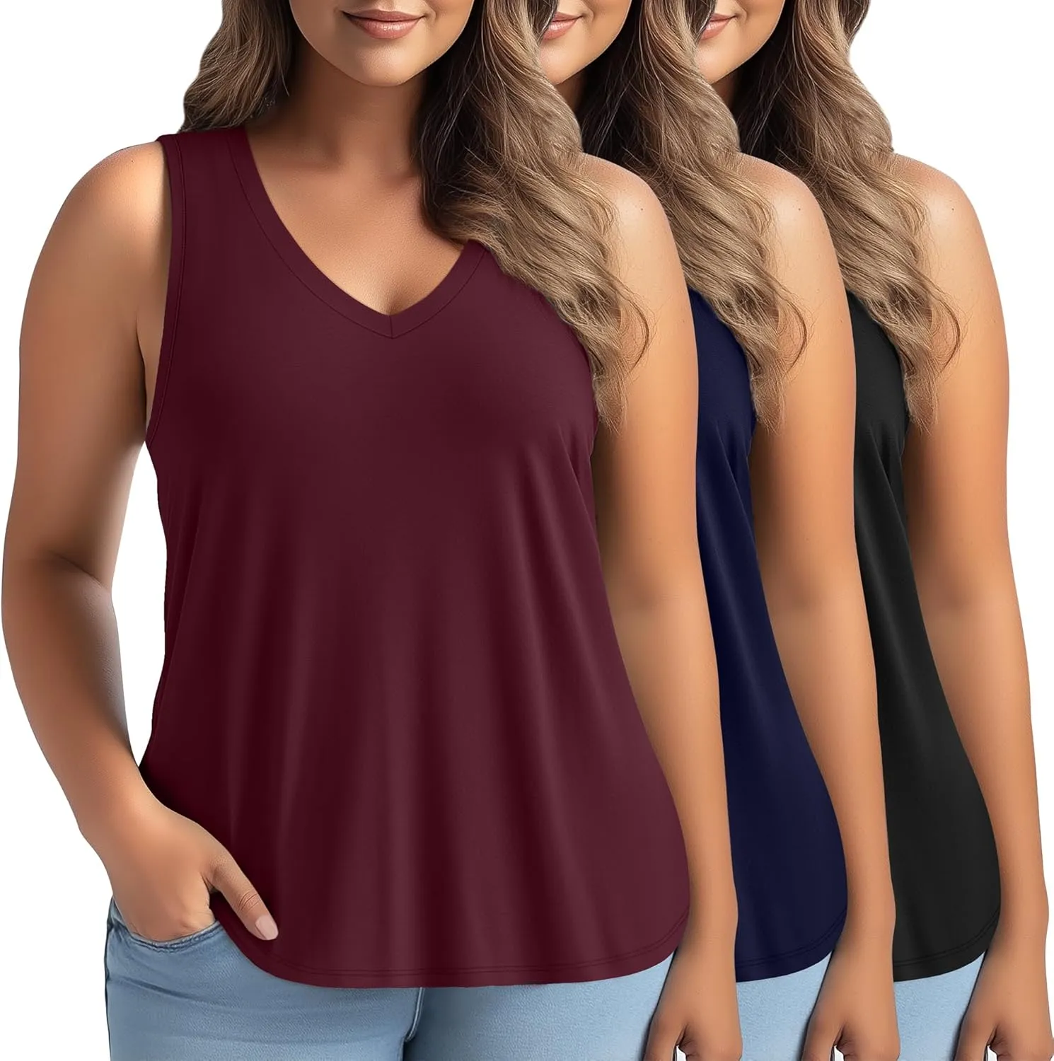 3 Pack Women's Plus Size V Neck Tank Tops Sleeveless Loose Fit Summer Tees Casual Trendy Basic T-Shirts Flat Hem
