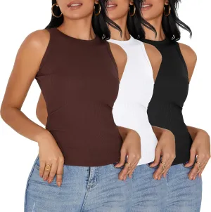 3 Pack Womens Sleeveless High Neck Tank Tops Slim Fit Ribbed Racerback Top Summer Fashion 2025 Basic Workout Casual Shirt