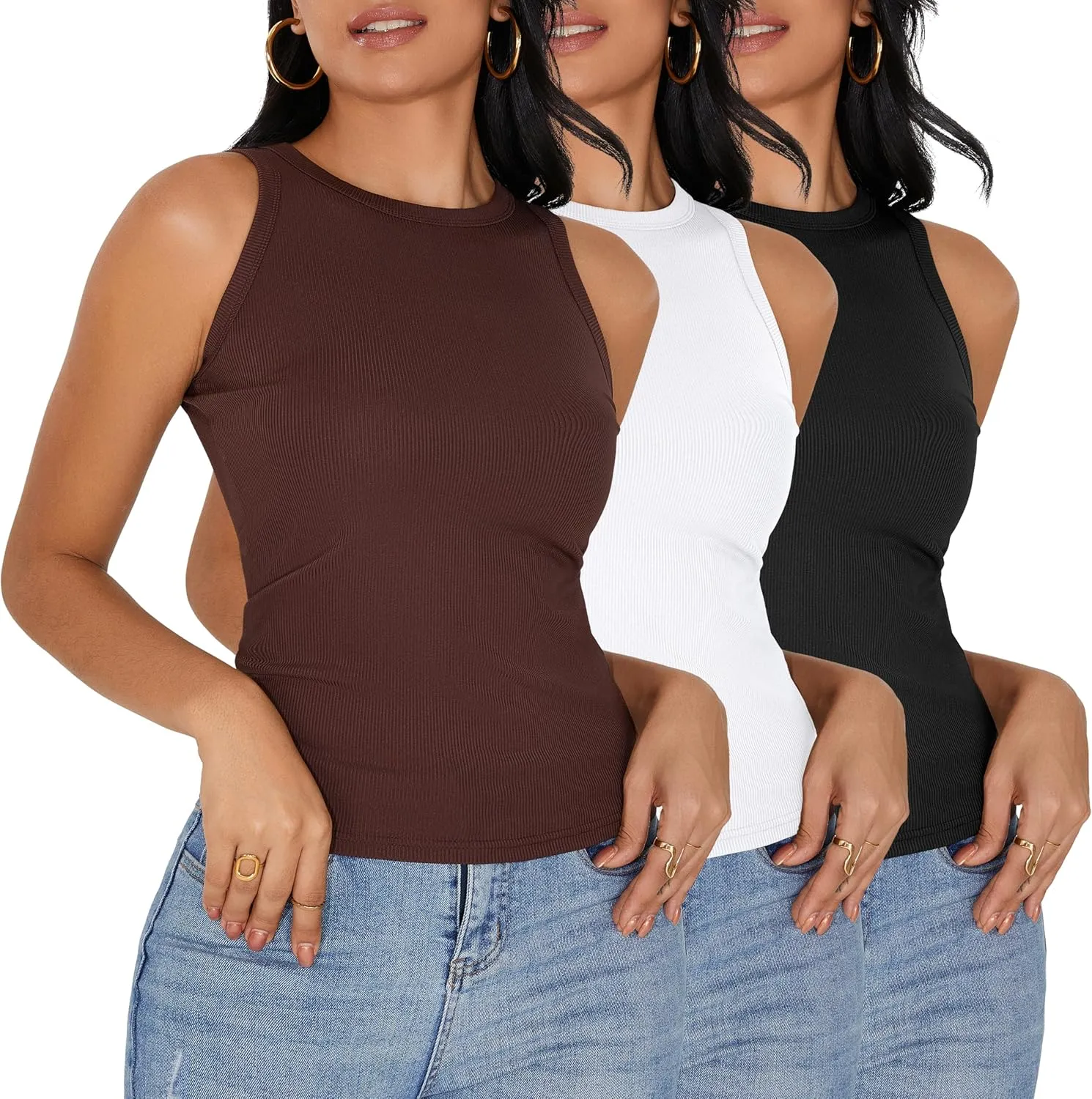 3 Pack Womens Sleeveless High Neck Tank Tops Slim Fit Ribbed Racerback Top Summer Fashion 2025 Basic Workout Casual Shirt