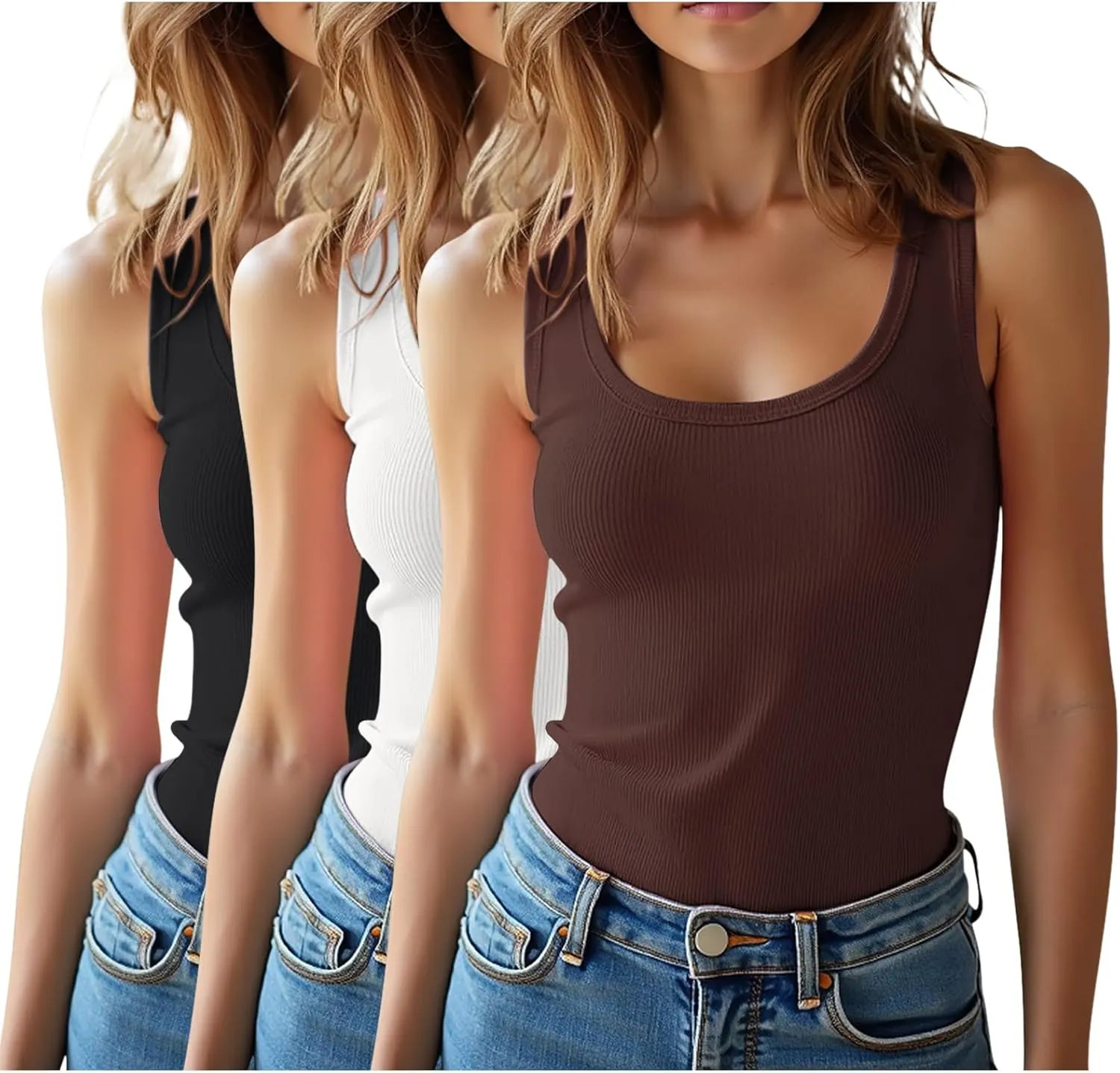 3 Pieces Womens Sleeveless Ribbed Tank Tops Summer Casual Basic Slim Fit Racerback Top Shirts