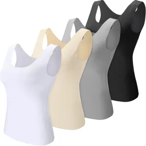 4 Pcs Women's Silky Tank Tops Sleeveless Elastic Cooling Basic Camisoles Ice Silk Casual Cami Tops(White, Nude Color, Black, Gray,Small)