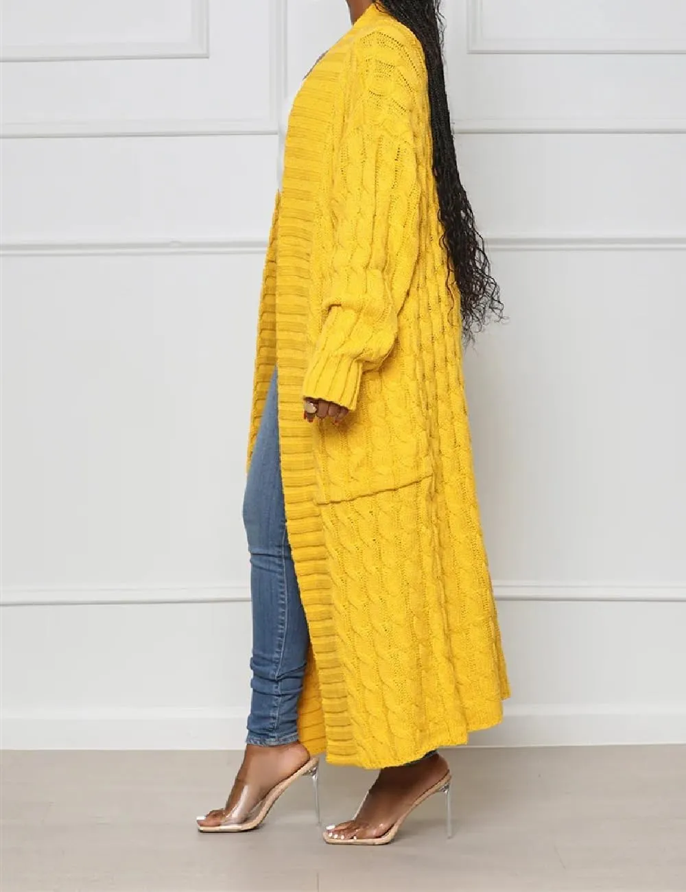 A ADILACA Women's Thin Type Stylish Cable Knit Cardigan with 2-Pockets, Women's Extra Long Ankle Length Sweater