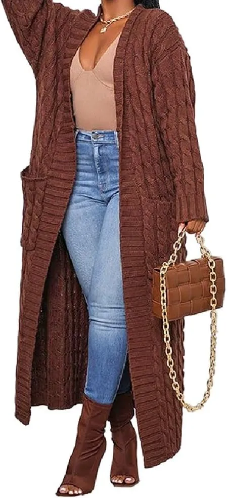 A ADILACA Women's Thin Type Stylish Cable Knit Cardigan with 2-Pockets, Women's Extra Long Ankle Length Sweater
