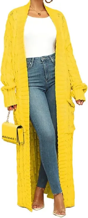 A ADILACA Women's Thin Type Stylish Cable Knit Cardigan with 2-Pockets, Women's Extra Long Ankle Length Sweater