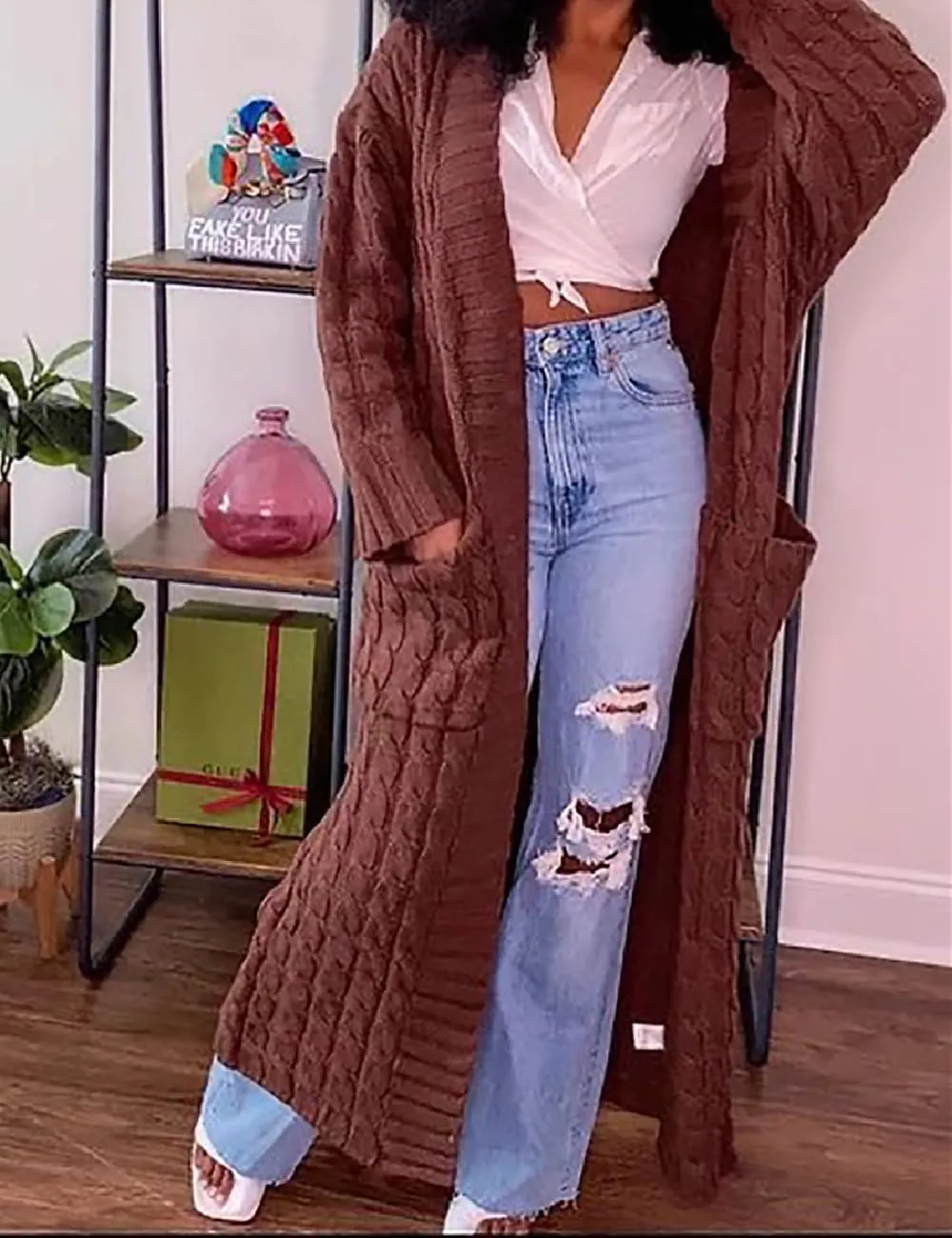 A ADILACA Women's Thin Type Stylish Cable Knit Cardigan with 2-Pockets, Women's Extra Long Ankle Length Sweater