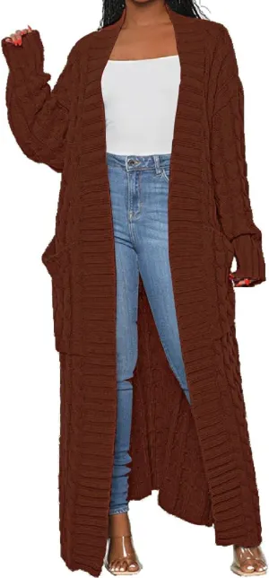 A ADILACA Women's Thin Type Stylish Cable Knit Cardigan with 2-Pockets, Women's Extra Long Ankle Length Sweater