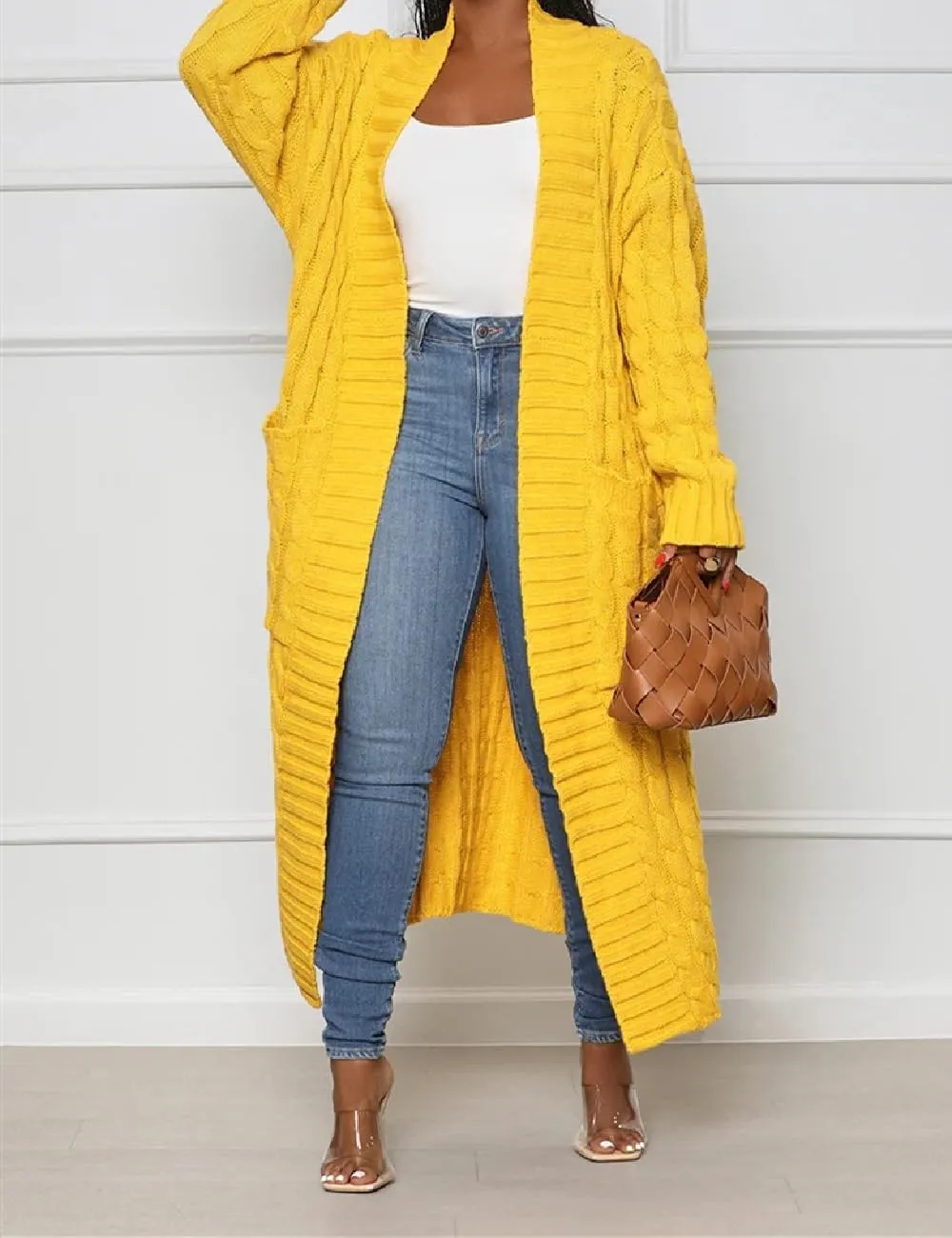 A ADILACA Women's Thin Type Stylish Cable Knit Cardigan with 2-Pockets, Women's Extra Long Ankle Length Sweater