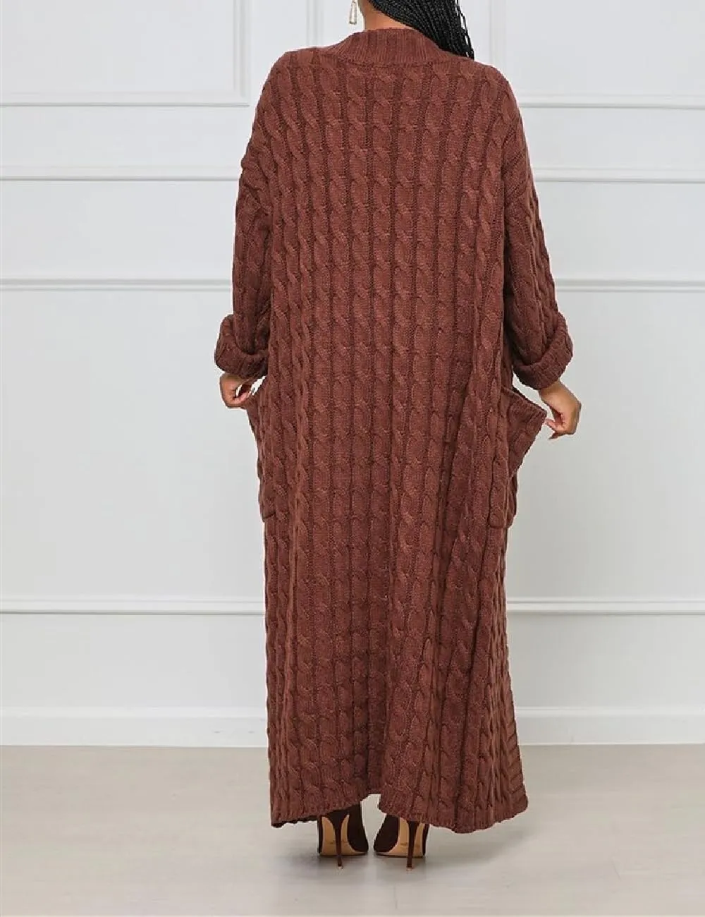 A ADILACA Women's Thin Type Stylish Cable Knit Cardigan with 2-Pockets, Women's Extra Long Ankle Length Sweater