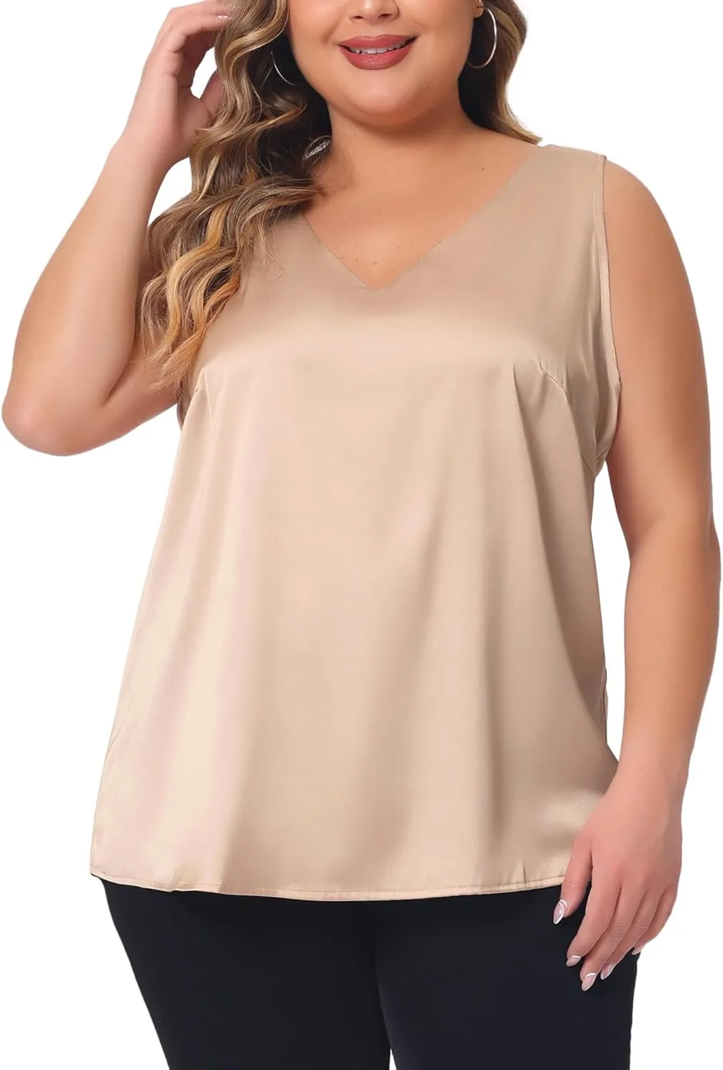 Agnes Orinda Plus Size Silk Satin Tank Tops for Women V Neck Casual Cami Sleeveless Blouses Summer Basic Tank