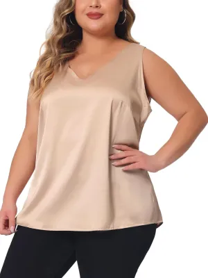 Agnes Orinda Plus Size Silk Satin Tank Tops for Women V Neck Casual Cami Sleeveless Blouses Summer Basic Tank