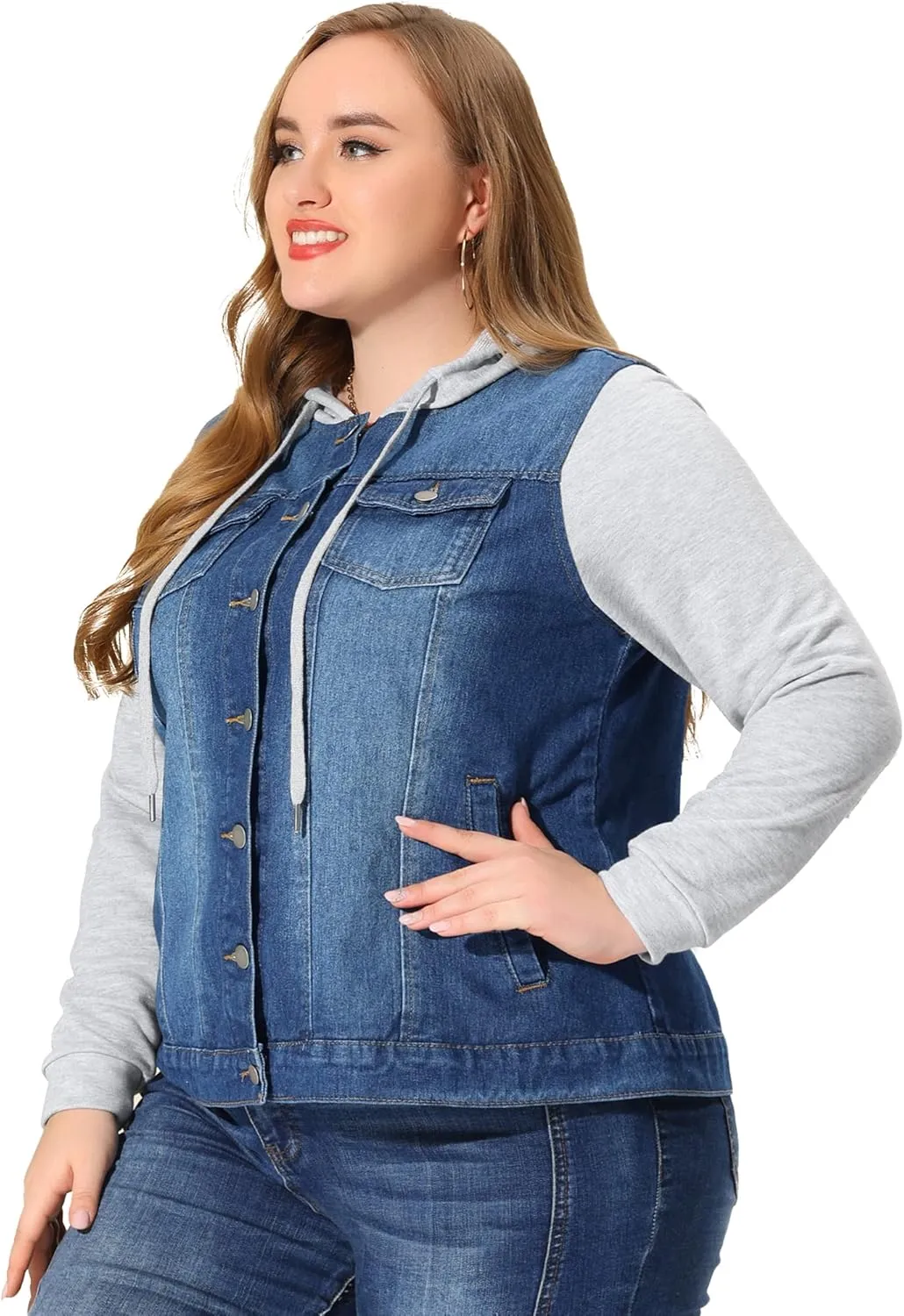 Agnes Orinda Women's Plus Size Denim Jacket with Hood Long Sleeve Casual Hoodie Jean Jackets