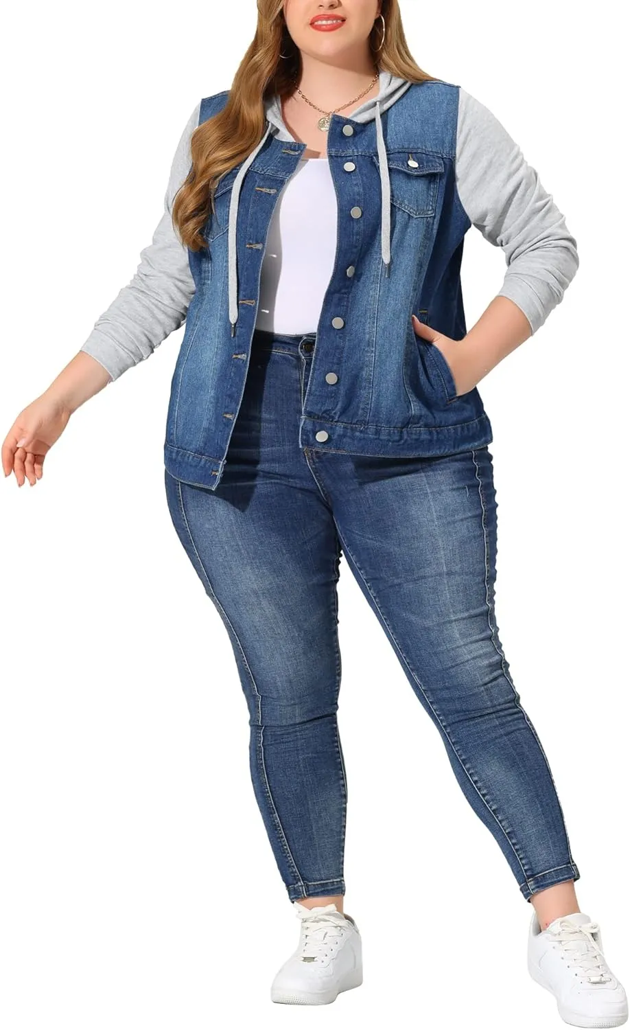 Agnes Orinda Women's Plus Size Denim Jacket with Hood Long Sleeve Casual Hoodie Jean Jackets