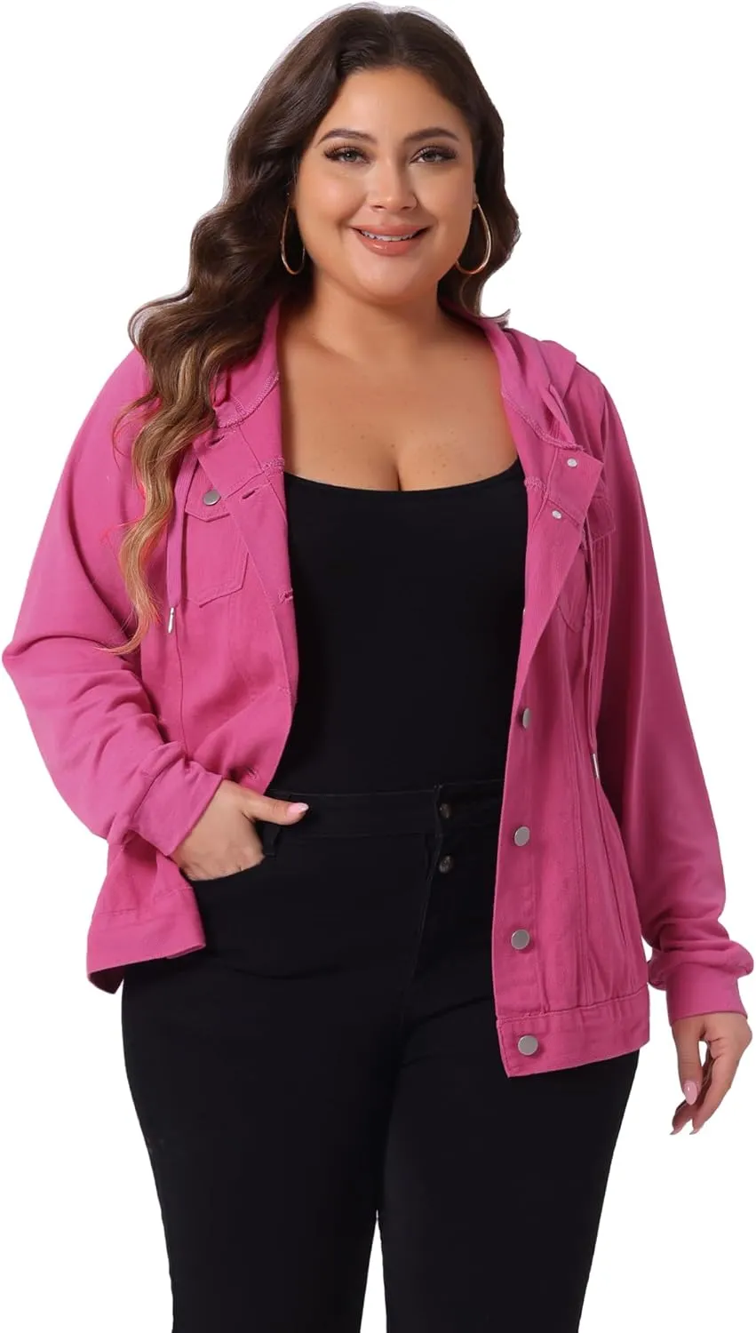Agnes Orinda Women's Plus Size Denim Jacket with Hood Long Sleeve Casual Hoodie Jean Jackets