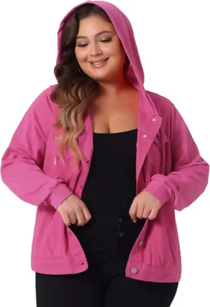 Agnes Orinda Women's Plus Size Denim Jacket with Hood Long Sleeve Casual Hoodie Jean Jackets