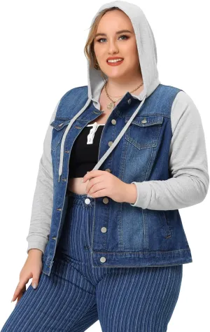 Agnes Orinda Women's Plus Size Denim Jacket with Hood Long Sleeve Casual Hoodie Jean Jackets