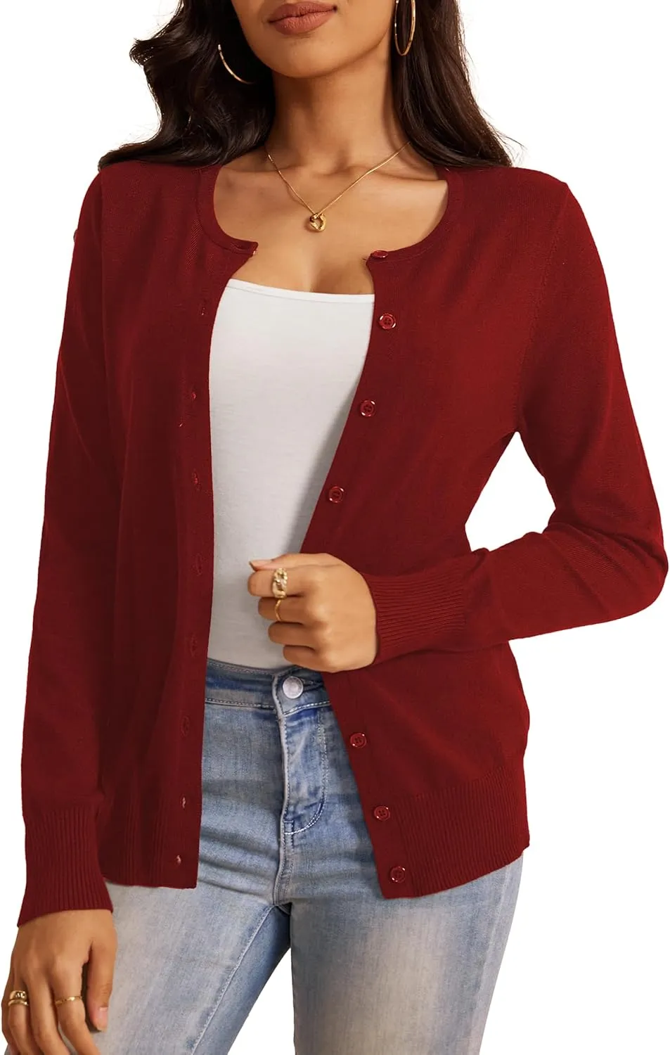 a.Jesdani Women's Button Down Crew Neck Long Sleeve Soft Knit Cardigan Sweaters