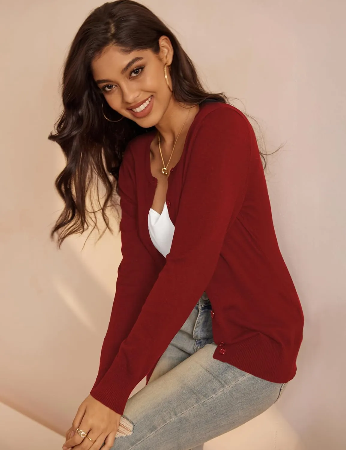 a.Jesdani Women's Button Down Crew Neck Long Sleeve Soft Knit Cardigan Sweaters