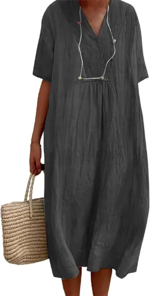 Akivide Women's Summer Cotton Linen Midi Dresses Casual Loose Short Sleeve V Neck Solid Beach Vacation Tshirt Dress