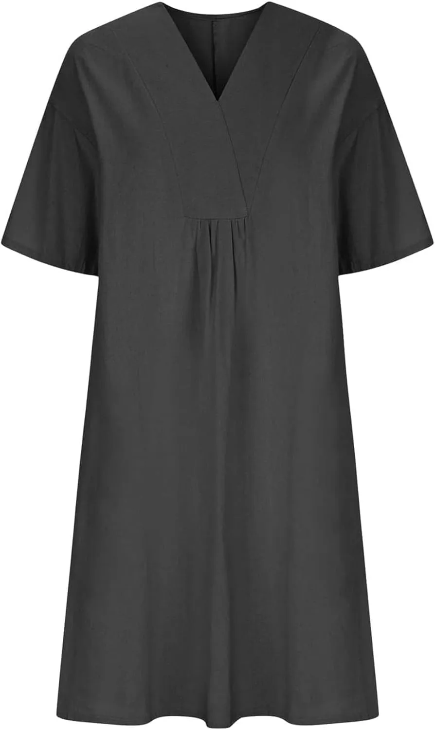 Akivide Women's Summer Cotton Linen Midi Dresses Casual Loose Short Sleeve V Neck Solid Beach Vacation Tshirt Dress