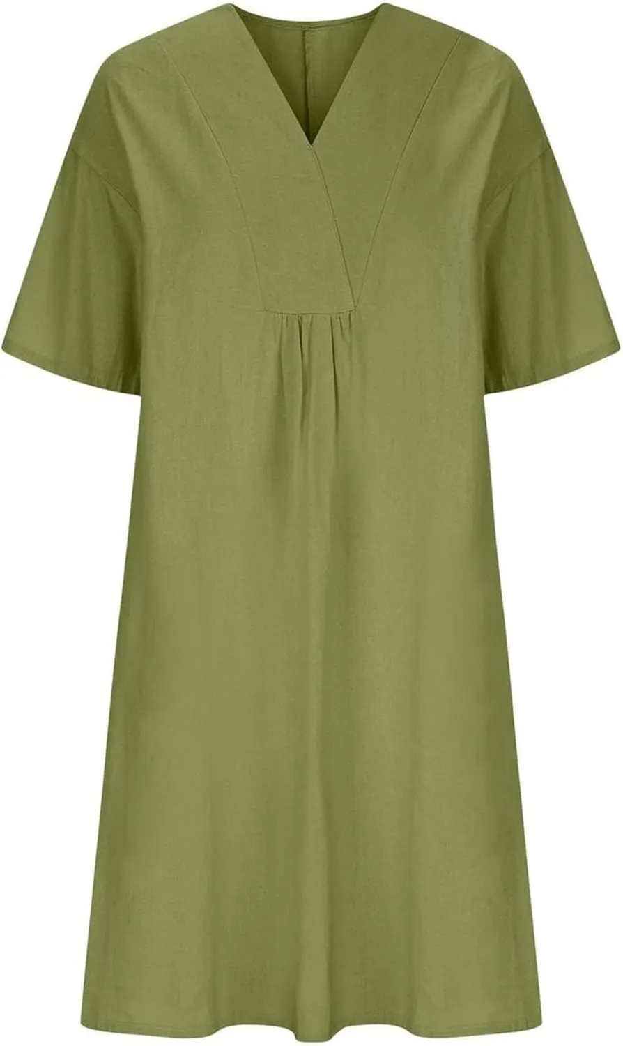 Akivide Women's Summer Cotton Linen Midi Dresses Casual Loose Short Sleeve V Neck Solid Beach Vacation Tshirt Dress