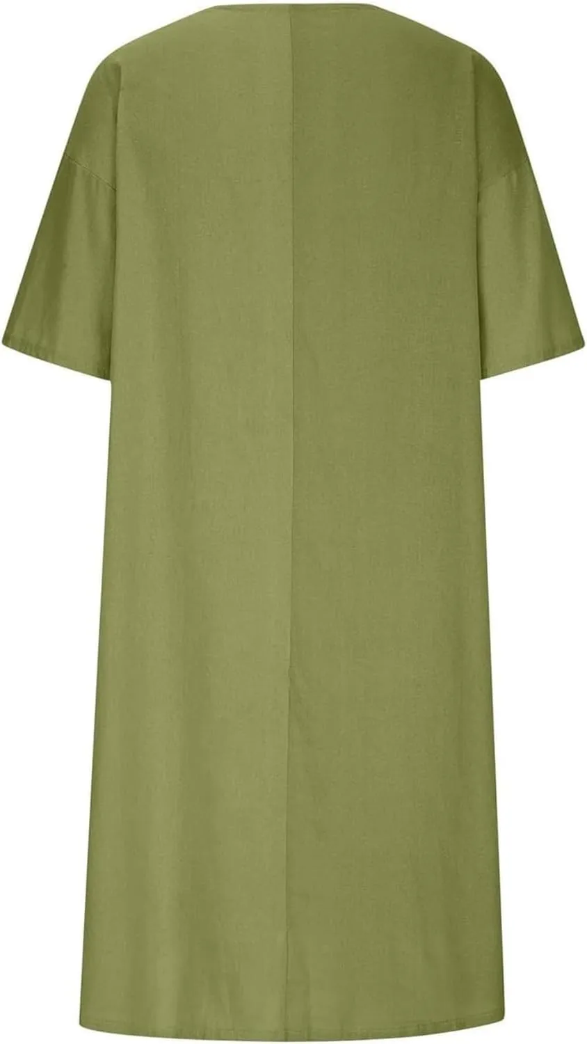 Akivide Women's Summer Cotton Linen Midi Dresses Casual Loose Short Sleeve V Neck Solid Beach Vacation Tshirt Dress