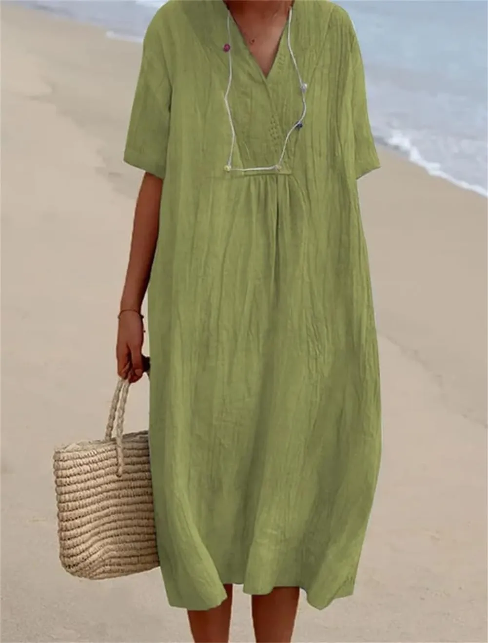 Akivide Women's Summer Cotton Linen Midi Dresses Casual Loose Short Sleeve V Neck Solid Beach Vacation Tshirt Dress