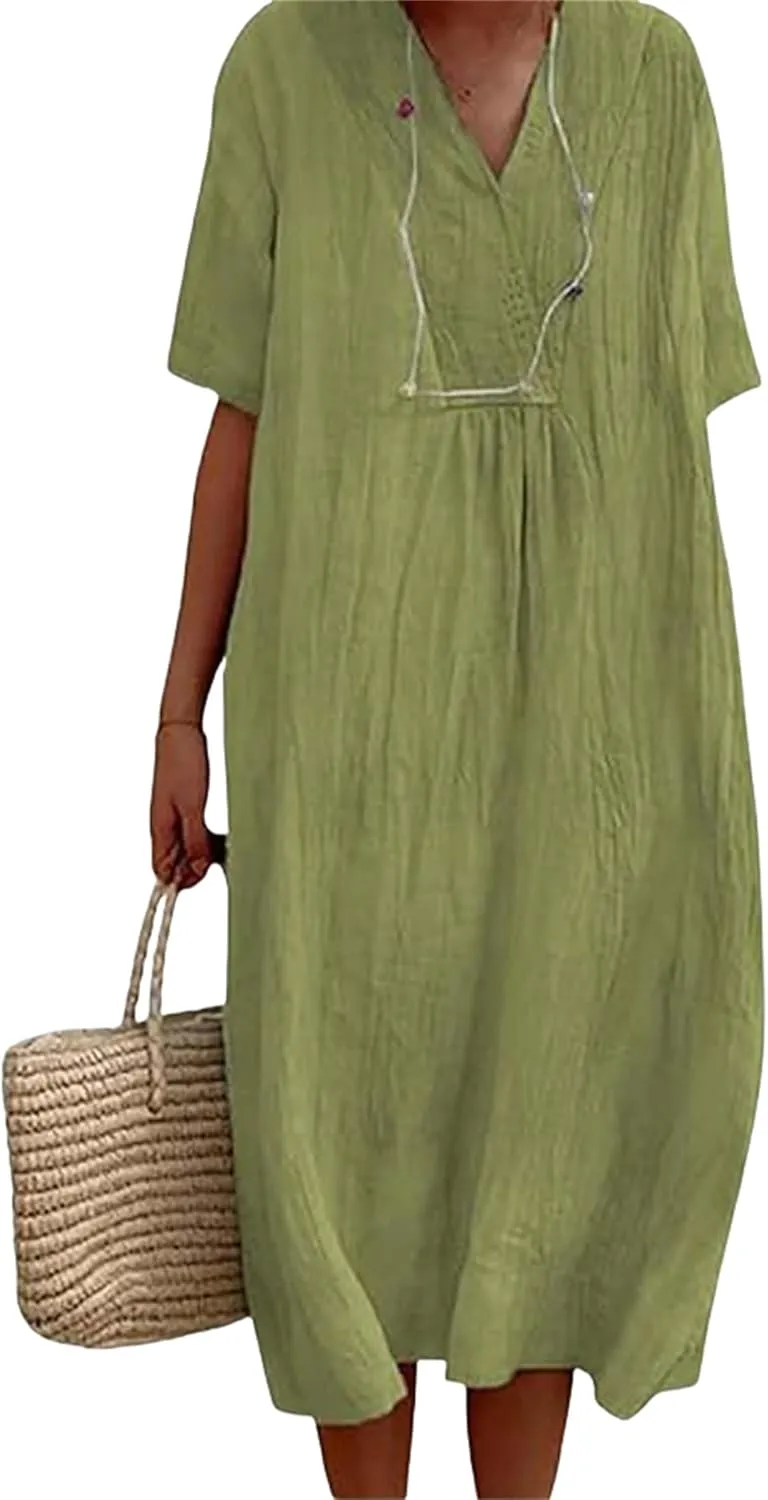 Akivide Women's Summer Cotton Linen Midi Dresses Casual Loose Short Sleeve V Neck Solid Beach Vacation Tshirt Dress