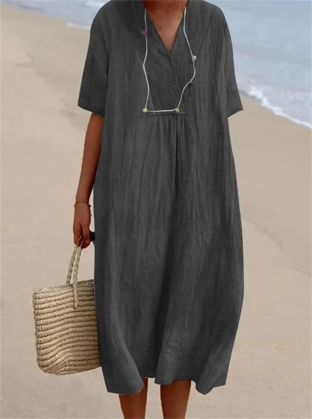 Akivide Women's Summer Cotton Linen Midi Dresses Casual Loose Short Sleeve V Neck Solid Beach Vacation Tshirt Dress