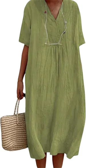 Akivide Women's Summer Cotton Linen Midi Dresses Casual Loose Short Sleeve V Neck Solid Beach Vacation Tshirt Dress
