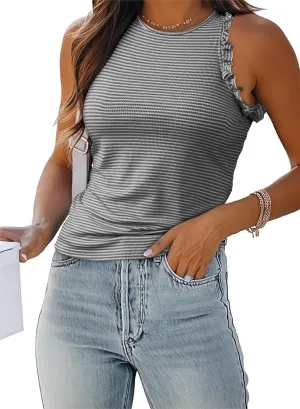AlvaQ Womens Tank Tops 2024 Summer Casual Basic Striped Crewneck Ruffle Sleeveless Shirts