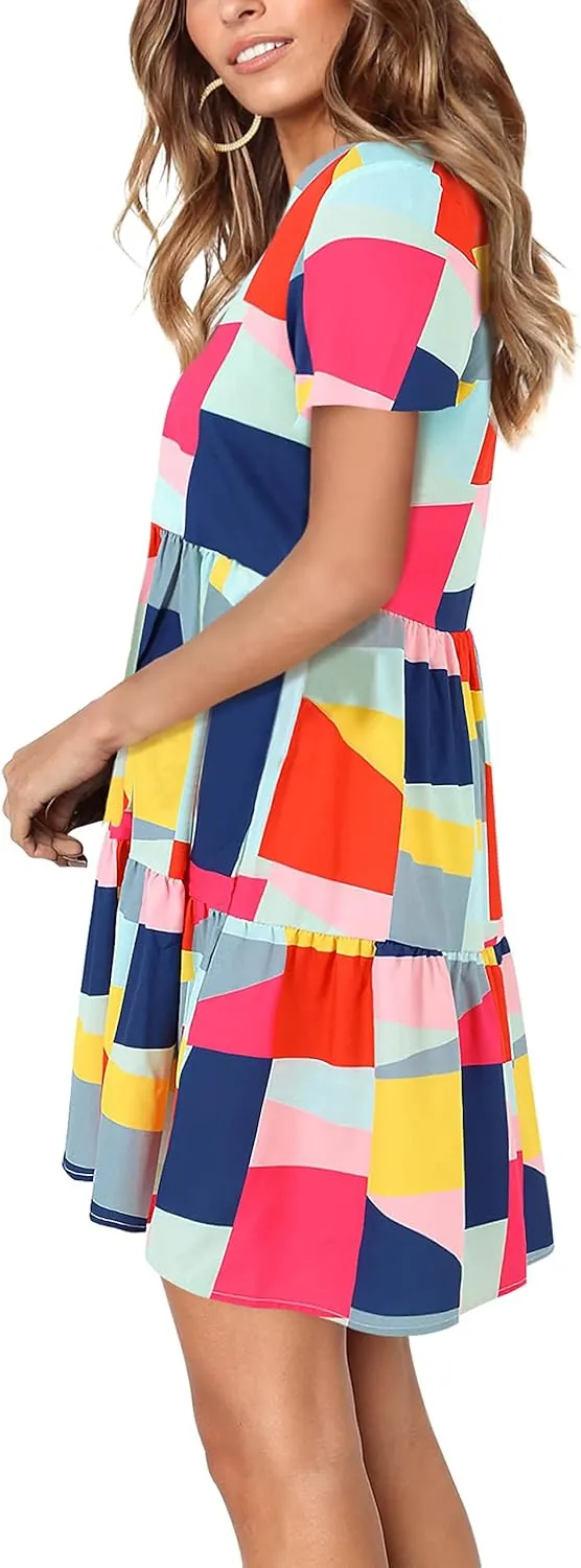 Amoretu Women Summer Tunic Dress V Neck Short Sleeve Casual Loose Flowy Swing Shift Dresses