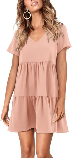Amoretu Women Summer Tunic Dress V Neck Short Sleeve Casual Loose Flowy Swing Shift Dresses