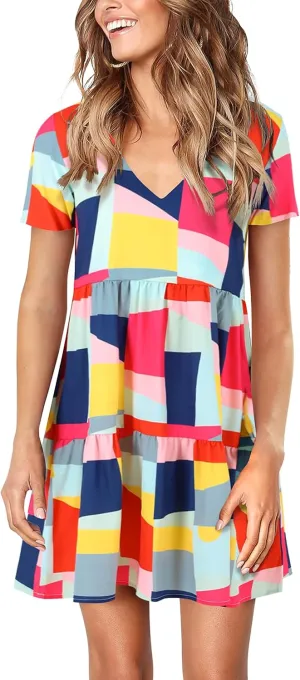 Amoretu Women Summer Tunic Dress V Neck Short Sleeve Casual Loose Flowy Swing Shift Dresses