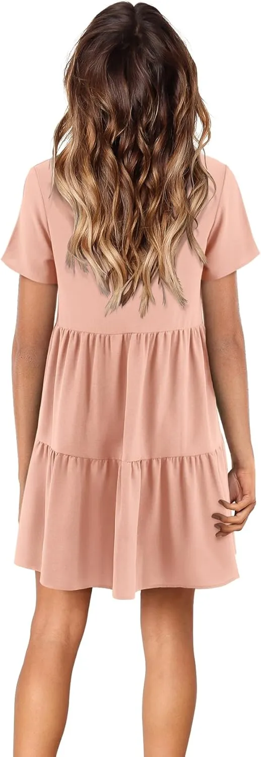 Amoretu Women Summer Tunic Dress V Neck Short Sleeve Casual Loose Flowy Swing Shift Dresses