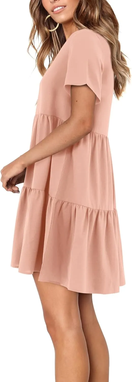 Amoretu Women Summer Tunic Dress V Neck Short Sleeve Casual Loose Flowy Swing Shift Dresses