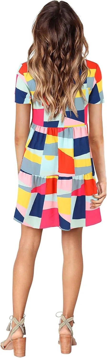 Amoretu Women Summer Tunic Dress V Neck Short Sleeve Casual Loose Flowy Swing Shift Dresses
