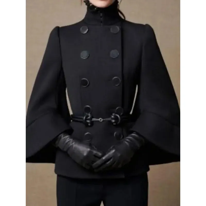 Amozae-Modigirl Womens England Jackets CoatsButtoned Black Fall  Wnter Spring Long Flared Sleeves High Neck Outerwear For Ladies