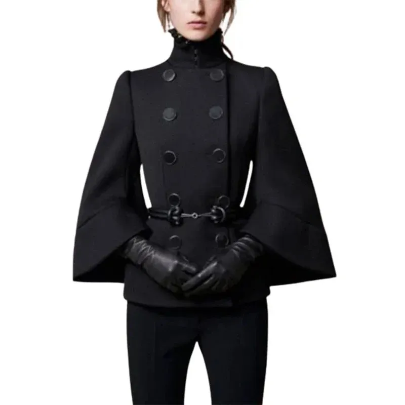 Amozae-Modigirl Womens England Jackets CoatsButtoned Black Fall  Wnter Spring Long Flared Sleeves High Neck Outerwear For Ladies