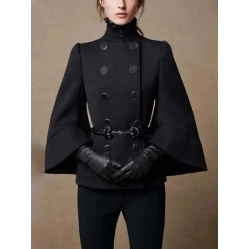 Amozae-Modigirl Womens England Jackets CoatsButtoned Black Fall  Wnter Spring Long Flared Sleeves High Neck Outerwear For Ladies