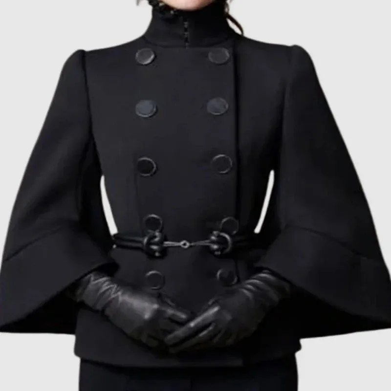 Amozae-Modigirl Womens England Jackets CoatsButtoned Black Fall  Wnter Spring Long Flared Sleeves High Neck Outerwear For Ladies