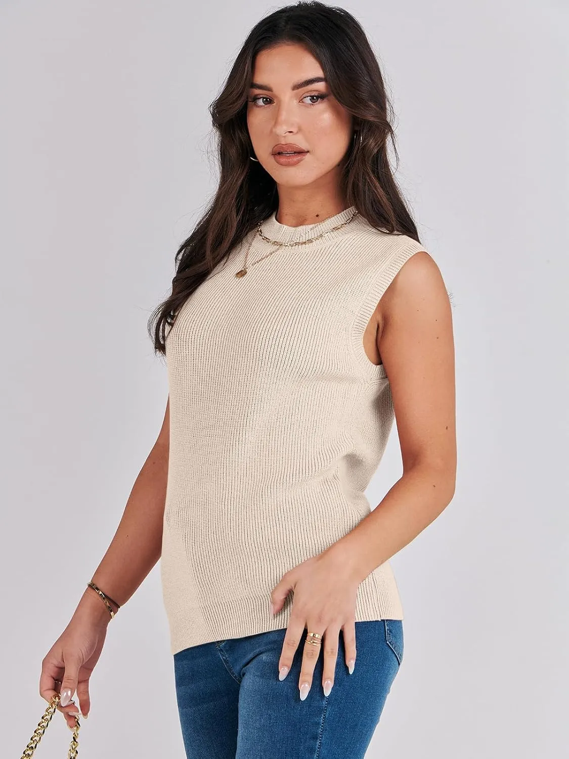 ANRABESS Womens Summer Sleeveless Tops Casual Mock Neck Loose Fit Knit Lightweight Sweater Pullover Top
