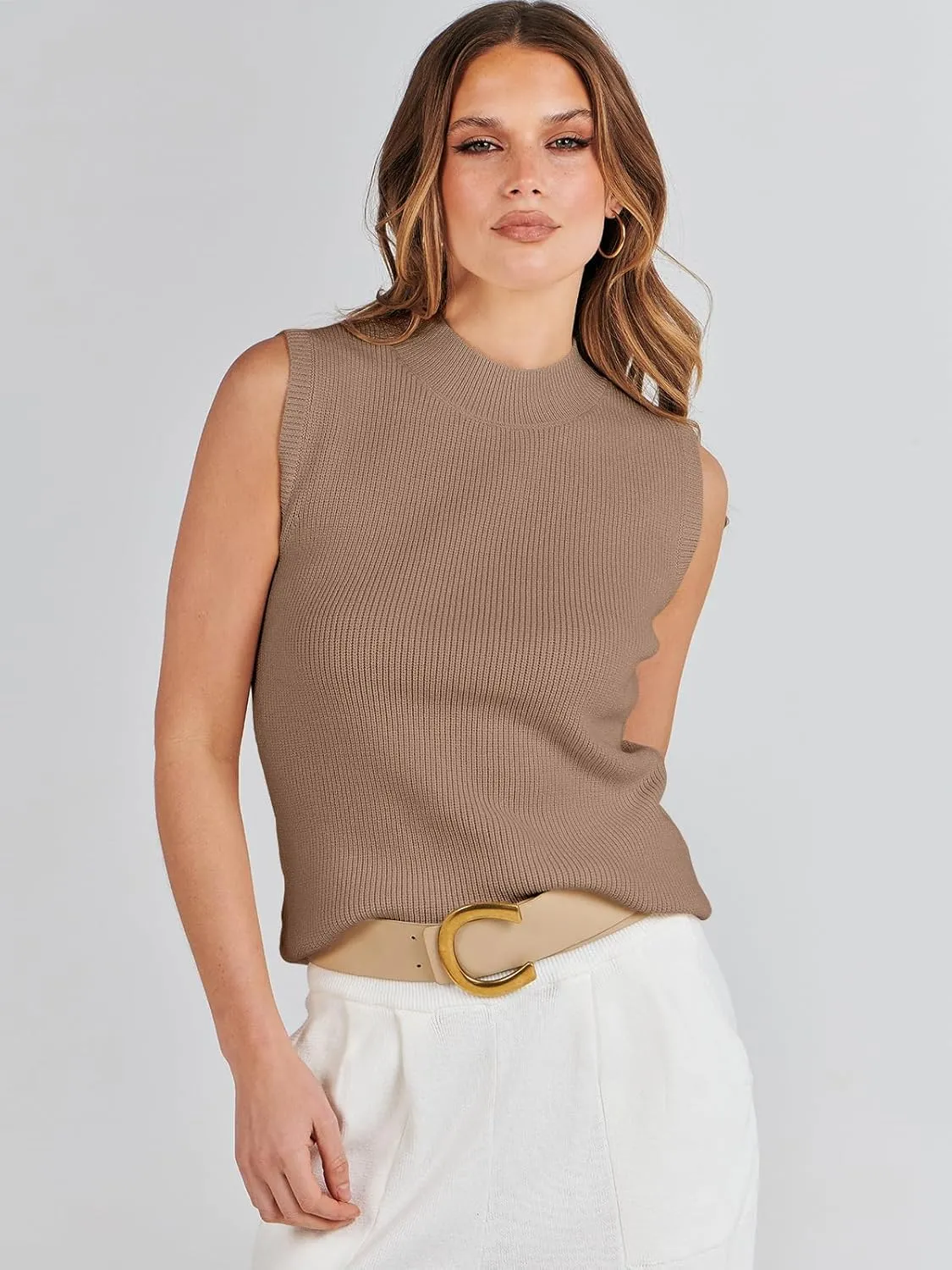 ANRABESS Womens Summer Sleeveless Tops Casual Mock Neck Loose Fit Knit Lightweight Sweater Pullover Top